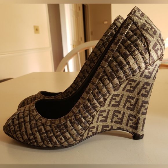Fendi Shoes - Fendi Brown Zucchino Print Quilted Canvas Peep Toe